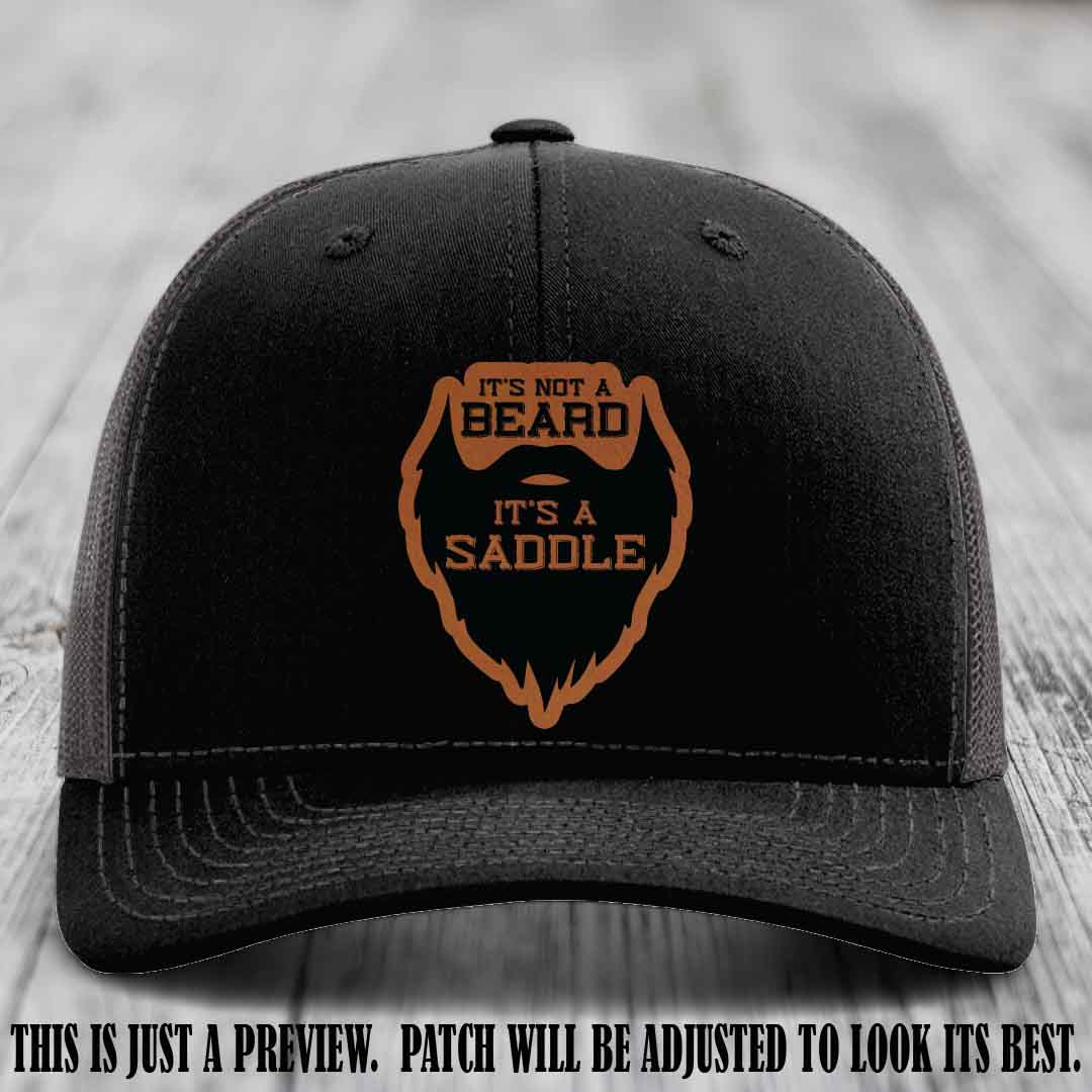 Beard Saddle design on a Rawhide to Black Patch, Richardson 112 leather patch hat on a Black to Charcoal Hat