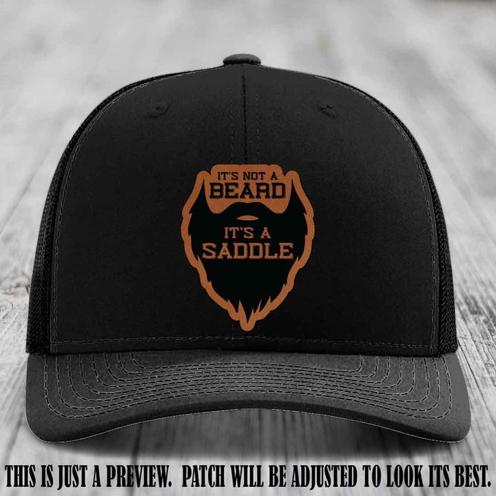 Beard Saddle design on a Rawhide to Black Patch, Richardson 112 leather patch hat on a Black Hat