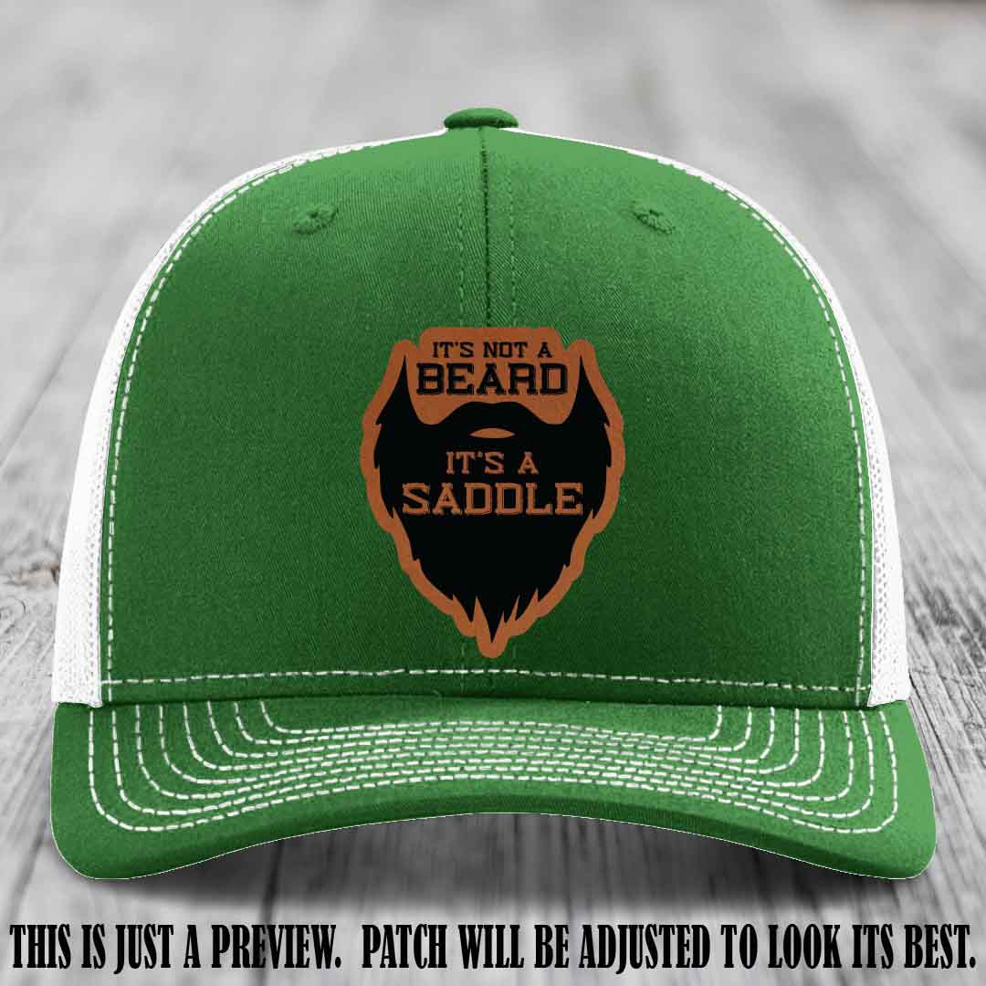 Beard Saddle design on a Rawhide to Black Patch, Richardson 112 leather patch hat on a Kelly to White Hat