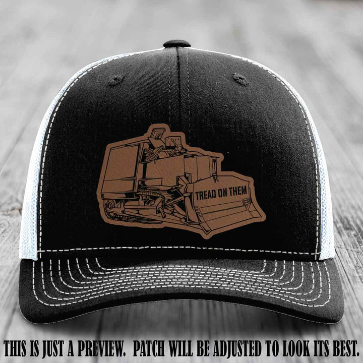 Killdozer Dark Brown to Black Patch on Black to White Hat - Richardson 112 Custom Leather Patch Hat