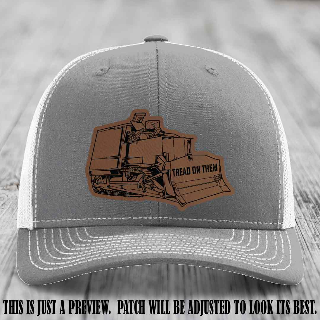 Killdozer Dark Brown to Black Patch on Heather Grey to White Hat - Richardson 112 Custom Leather Patch Hat
