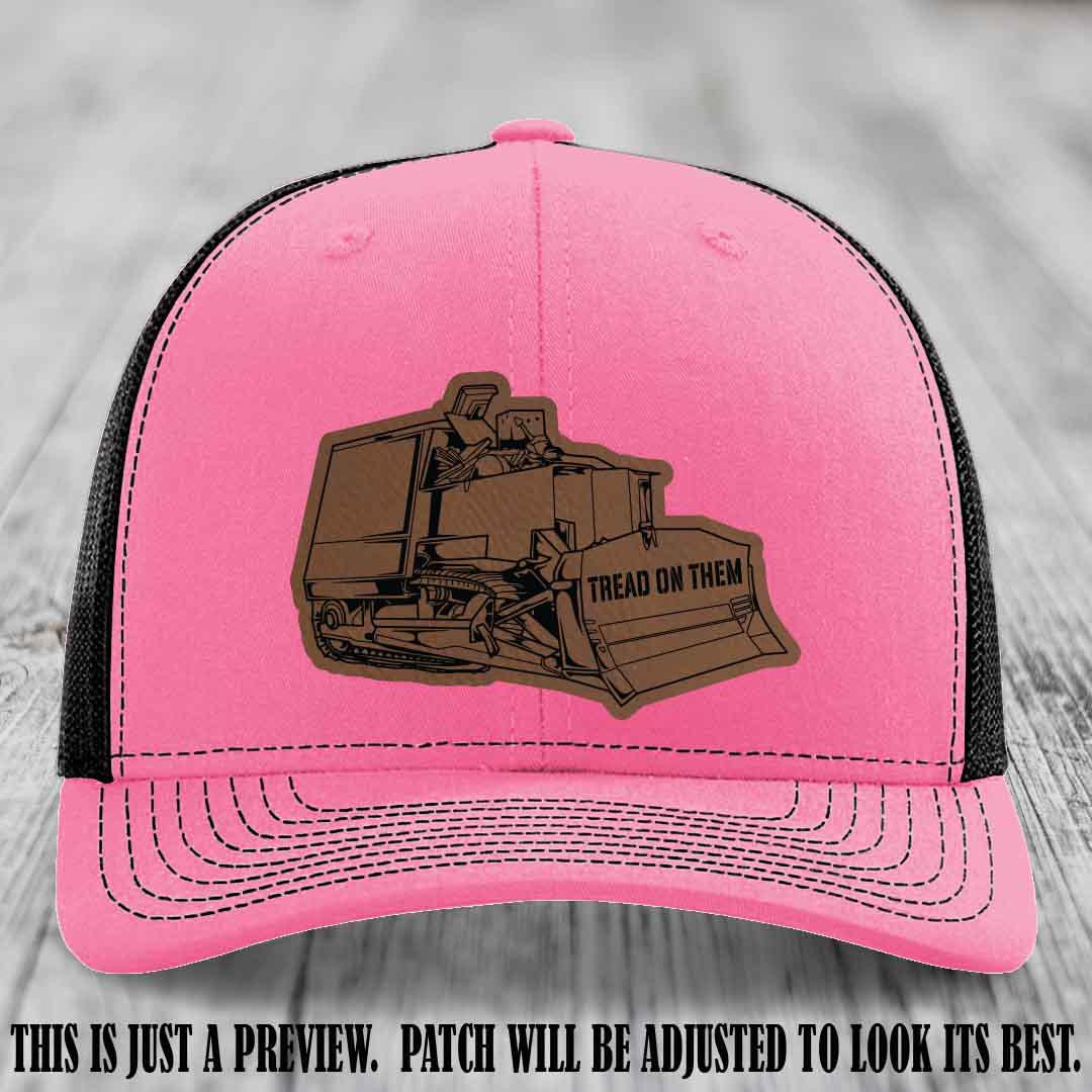Killdozer Dark Brown to Black Patch on Hot Pink to Black Hat - Richardson 112 Custom Leather Patch Hat