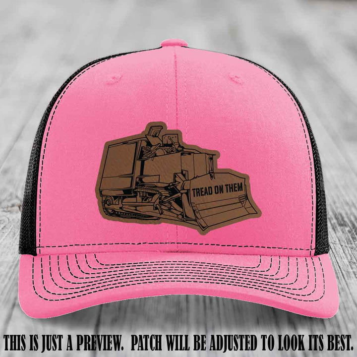 Killdozer Dark Brown to Black Patch on Hot Pink to Black Hat - Richardson 112 Custom Leather Patch Hat