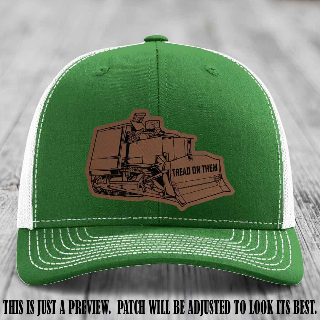 Killdozer Dark Brown to Black Patch on Kelly to White Hat - Richardson 112 Custom Leather Patch Hat