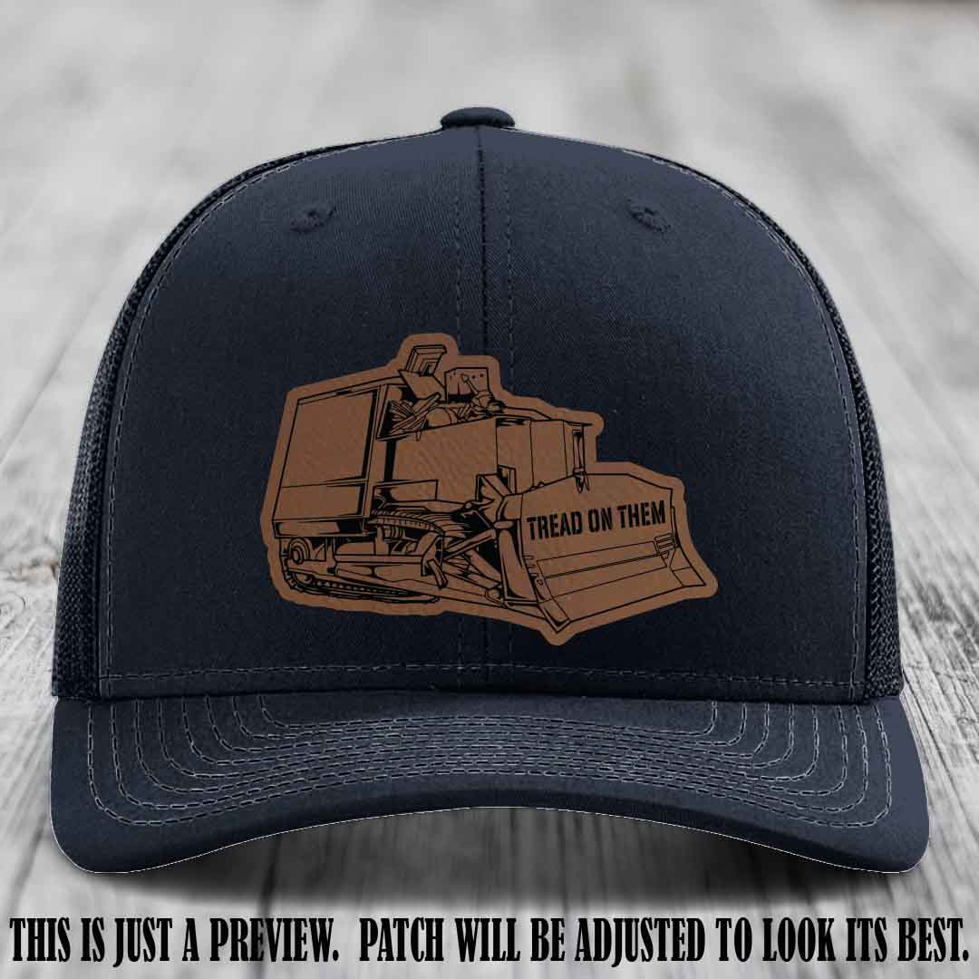 Killdozer Dark Brown to Black Patch on Navy Hat - Richardson 112 Custom Leather Patch Hat