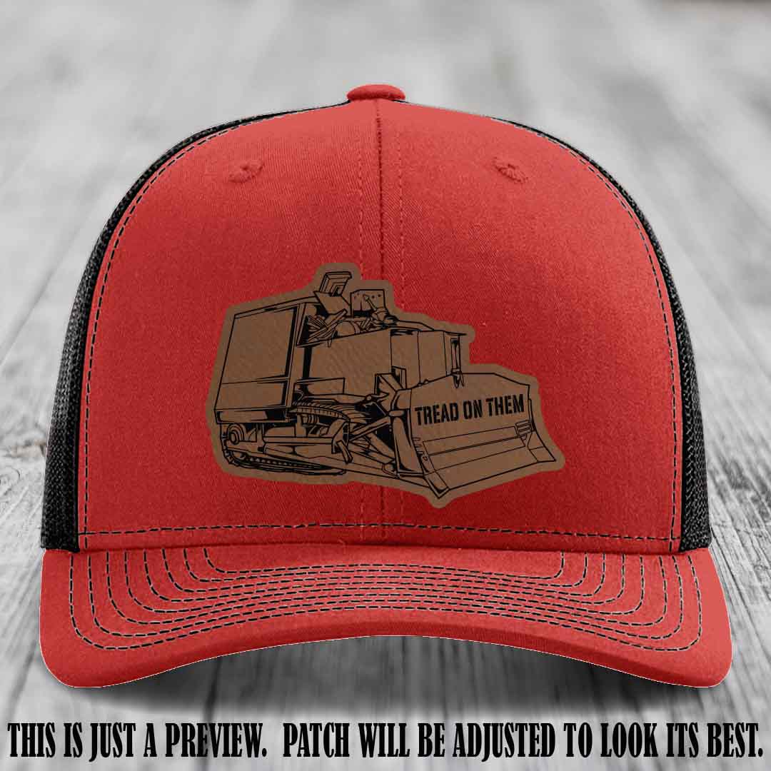Killdozer Dark Brown to Black Patch on Red to Black Hat - Richardson 112 Custom Leather Patch Hat