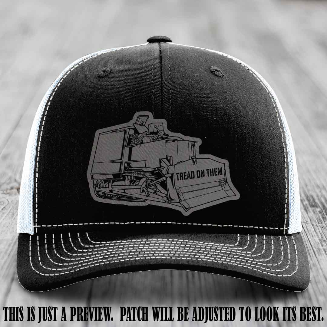 Killdozer Grey to Black Patch on Black to White Hat - Richardson 112 Custom Leather Patch Hat