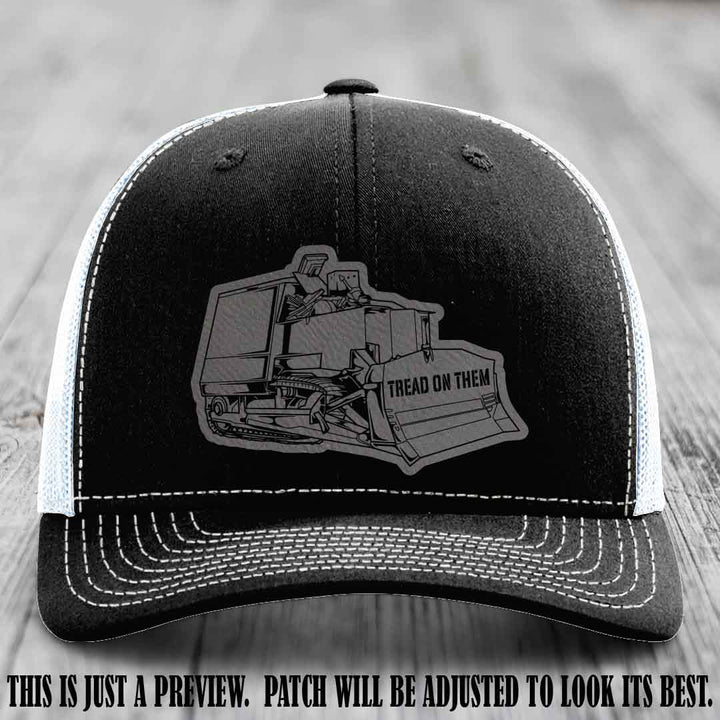 Killdozer Grey to Black Patch on Black to White Hat - Richardson 112 Custom Leather Patch Hat