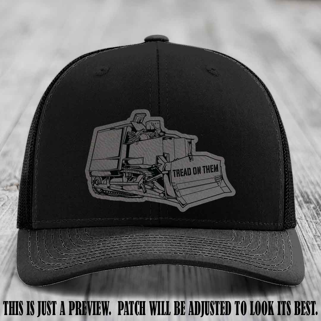 Killdozer Grey to Black Patch on Black Hat - Richardson 112 Custom Leather Patch Hat