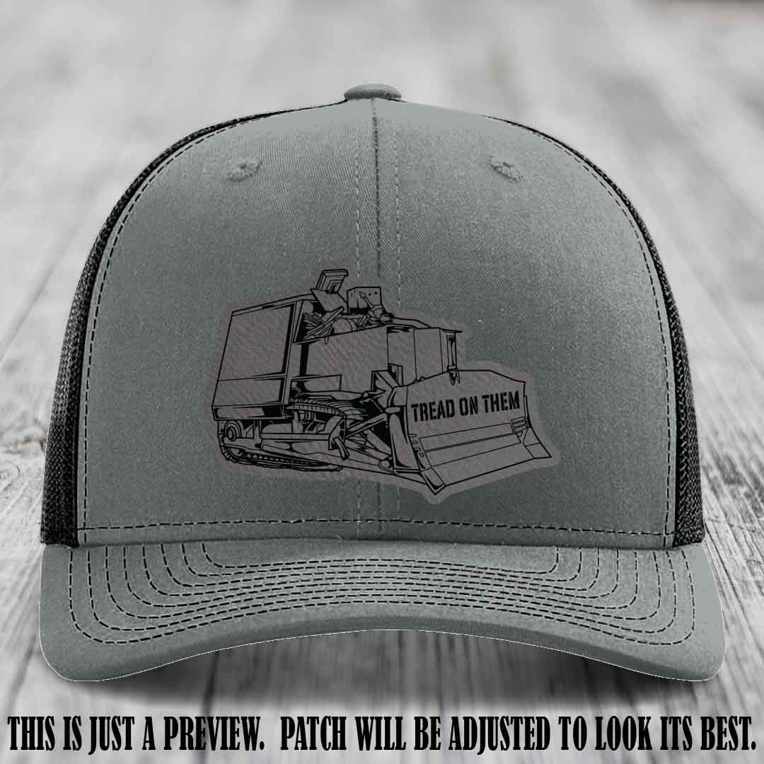 Killdozer Grey to Black Patch on Heather Grey to Black Hat - Richardson 112 Custom Leather Patch Hat