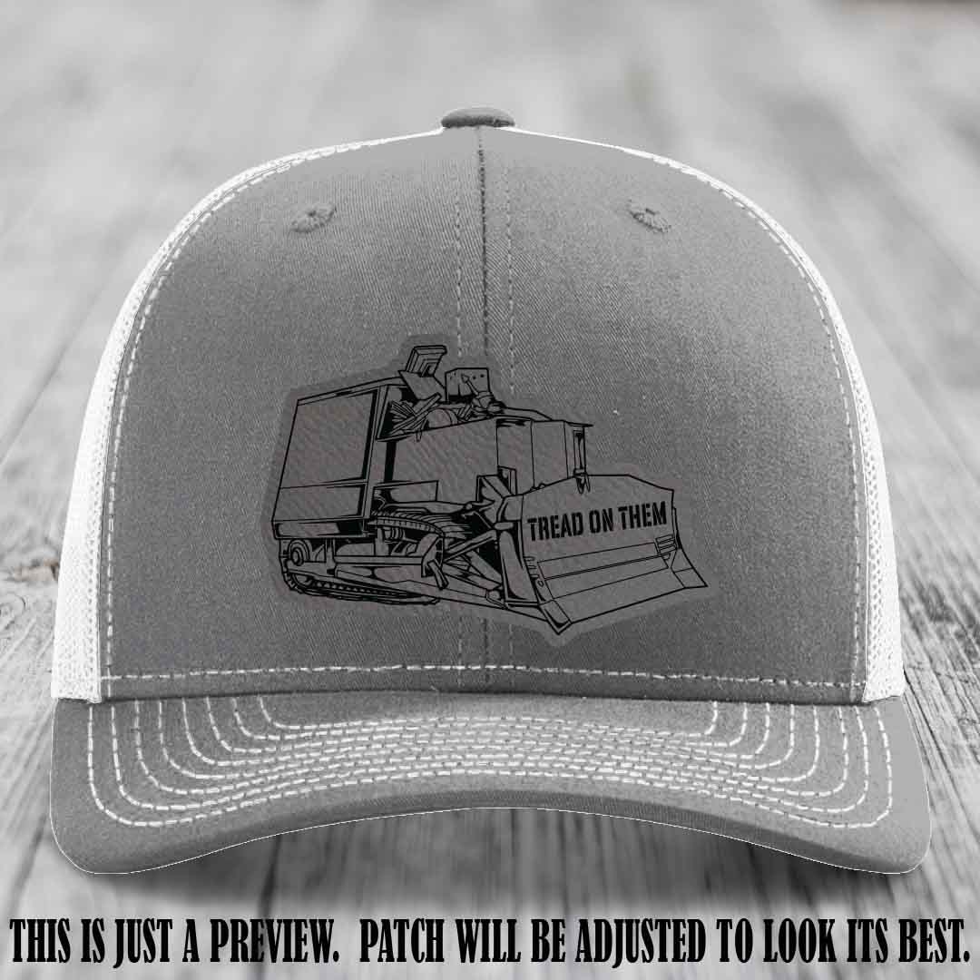 Killdozer Grey to Black Patch on Heather Grey to White Hat - Richardson 112 Custom Leather Patch Hat
