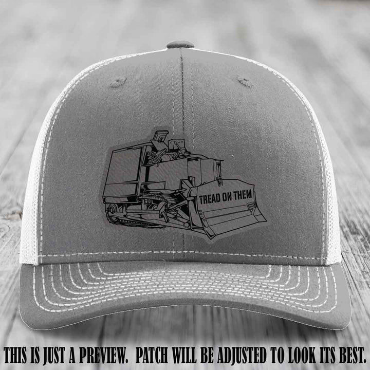 Killdozer Grey to Black Patch on Heather Grey to White Hat - Richardson 112 Custom Leather Patch Hat