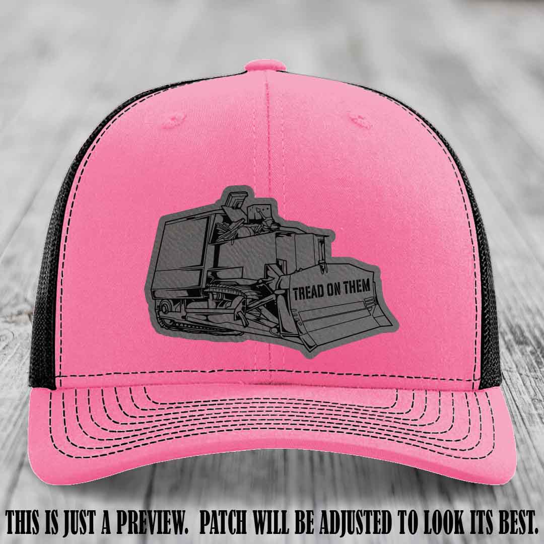 Killdozer Grey to Black Patch on Hot Pink to Black Hat - Richardson 112 Custom Leather Patch Hat