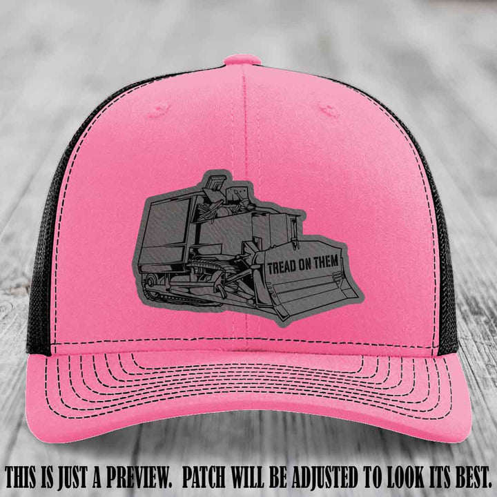 Killdozer Grey to Black Patch on Hot Pink to Black Hat - Richardson 112 Custom Leather Patch Hat