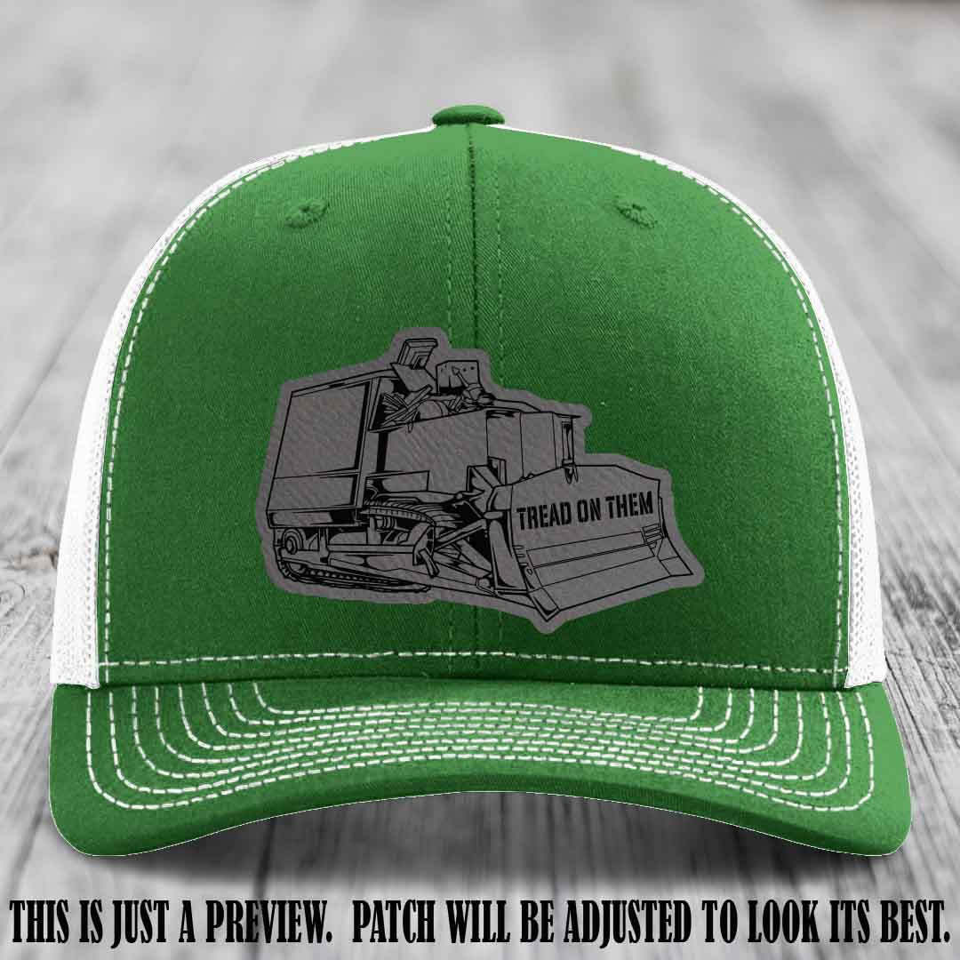 Killdozer Grey to Black Patch on Kelly to White Hat - Richardson 112 Custom Leather Patch Hat
