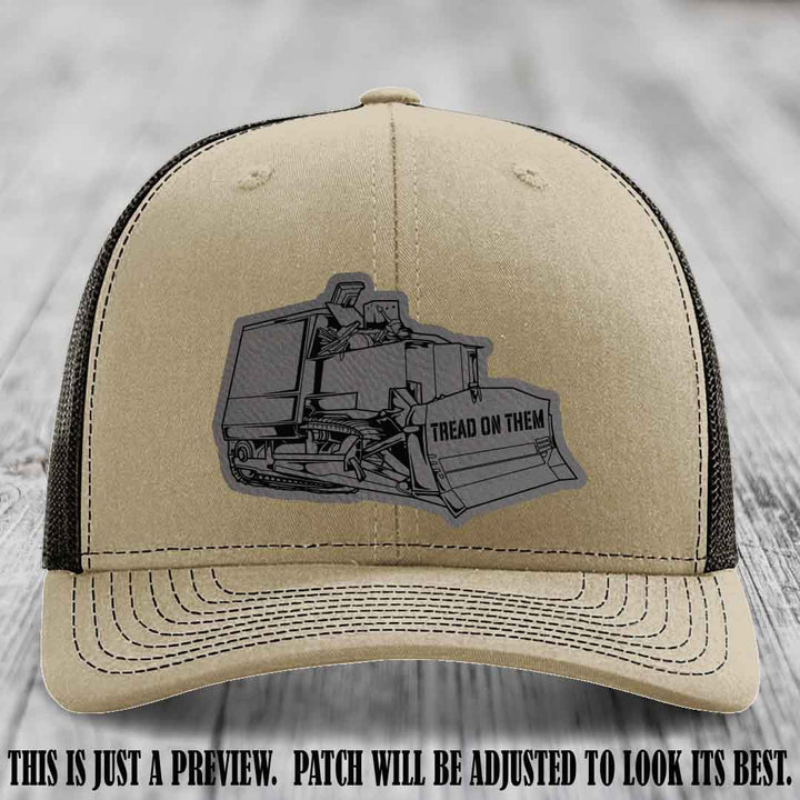 Killdozer Grey to Black Patch on Khaki to Coffee Hat - Richardson 112 Custom Leather Patch Hat