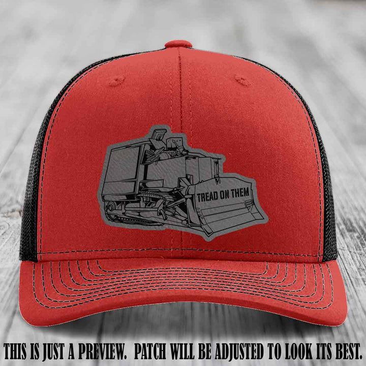 Killdozer Grey to Black Patch on Red to Black Hat - Richardson 112 Custom Leather Patch Hat