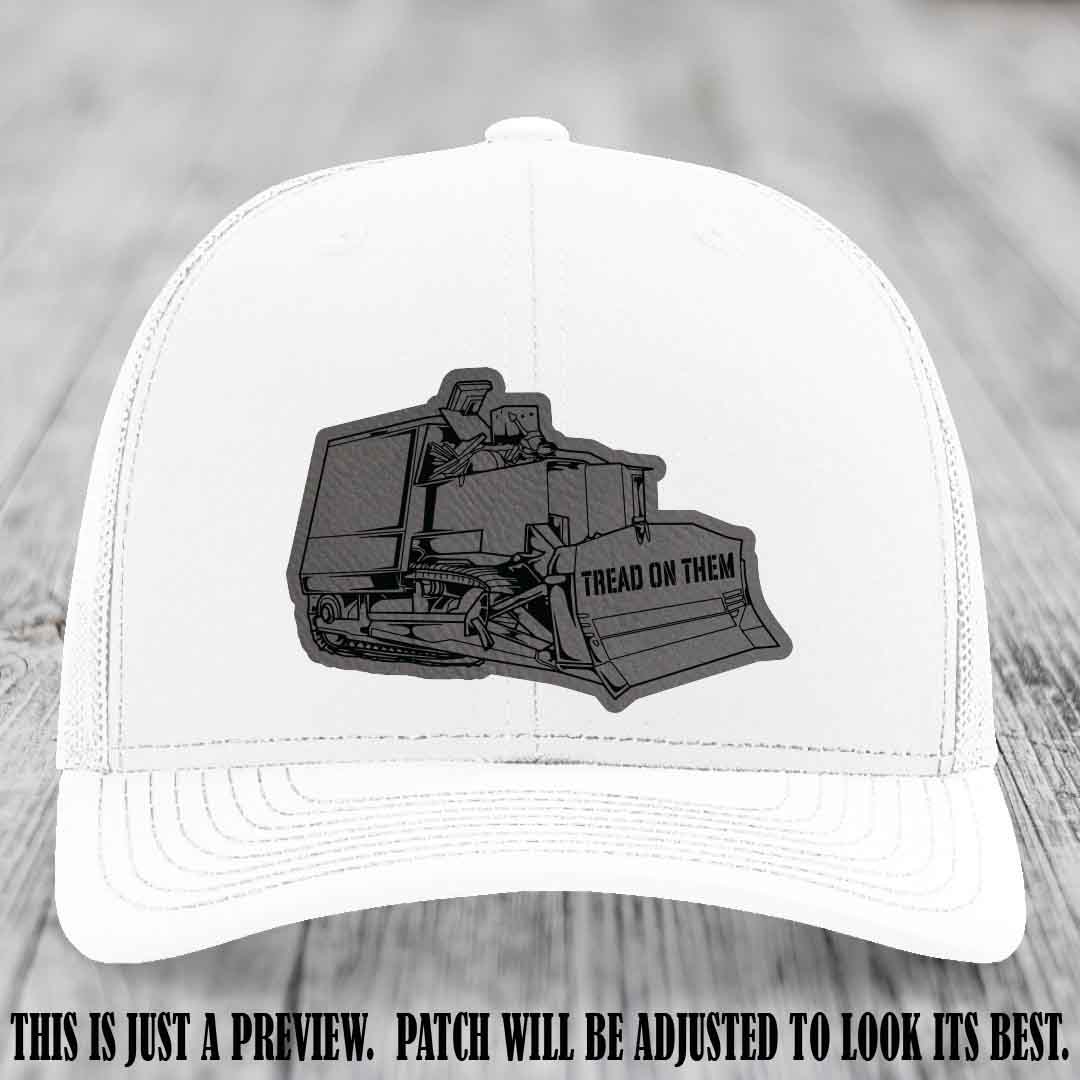 Killdozer Grey to Black Patch on White Hat - Richardson 112 Custom Leather Patch Hat