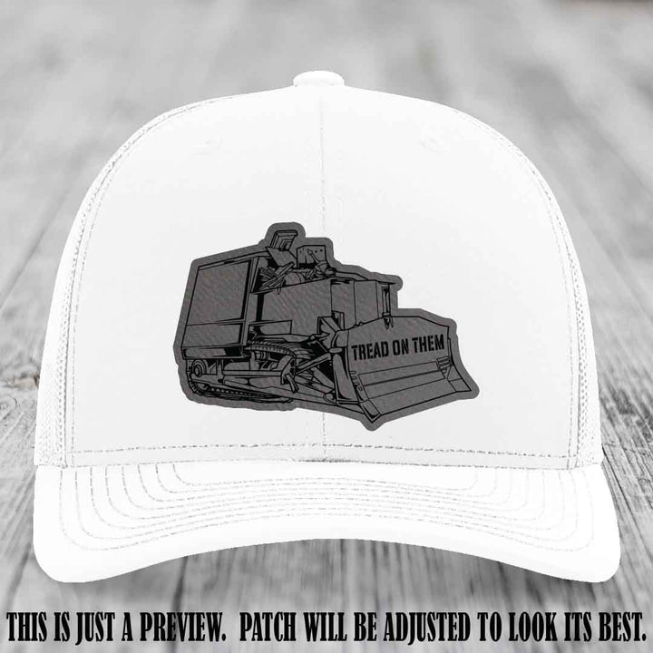 Killdozer Grey to Black Patch on White Hat - Richardson 112 Custom Leather Patch Hat