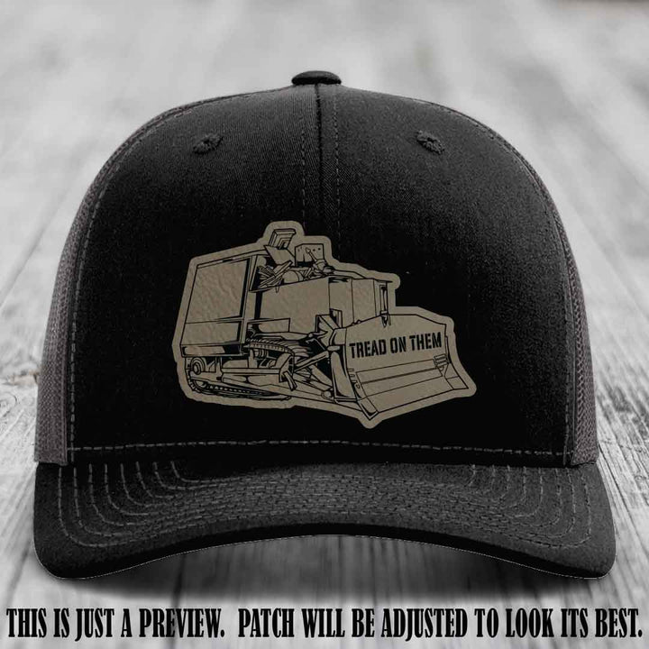 Killdozer Light Brown to Black Patch on Black to Charcoal Hat - Richardson 112 Custom Leather Patch Hat