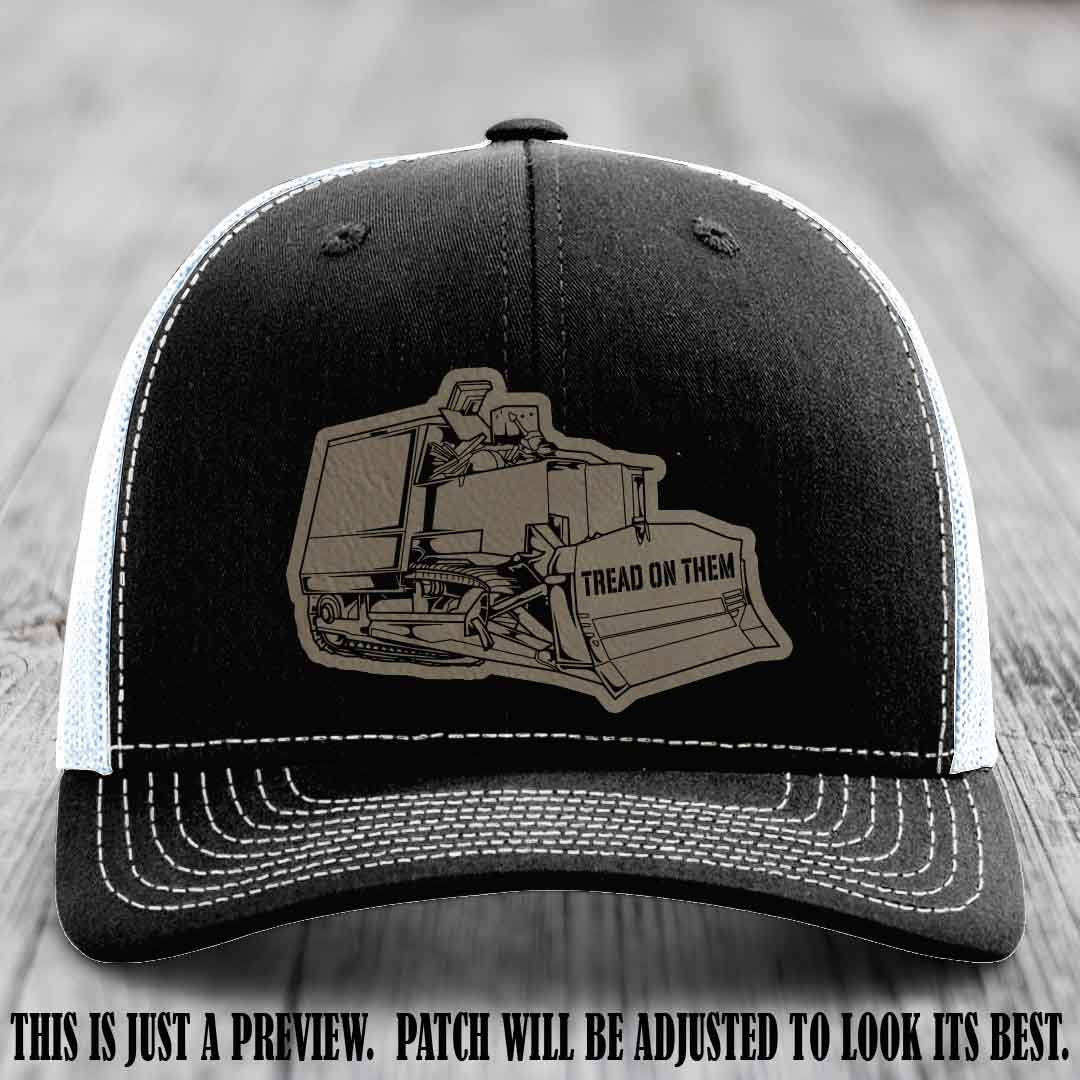 Killdozer Light Brown to Black Patch on Black to White Hat - Richardson 112 Custom Leather Patch Hat