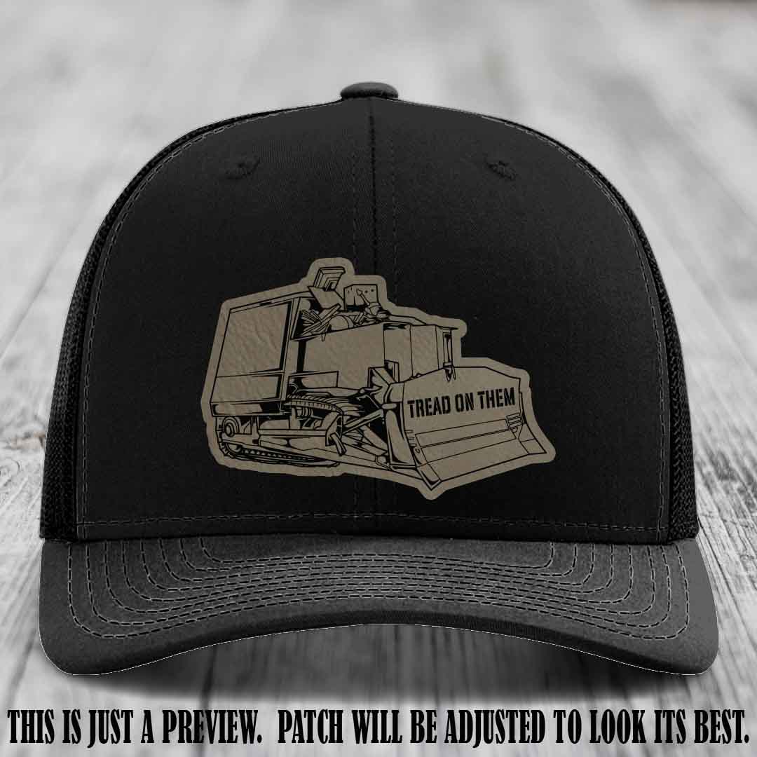 Killdozer Light Brown to Black Patch on Black Hat - Richardson 112 Custom Leather Patch Hat