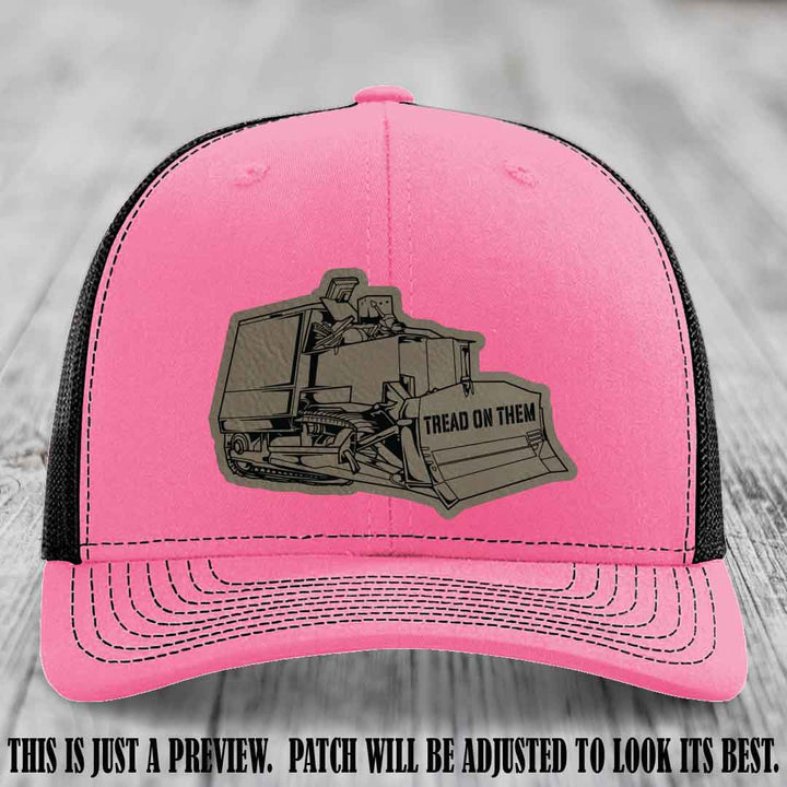 Killdozer Light Brown to Black Patch on Hot Pink to Black Hat - Richardson 112 Custom Leather Patch Hat