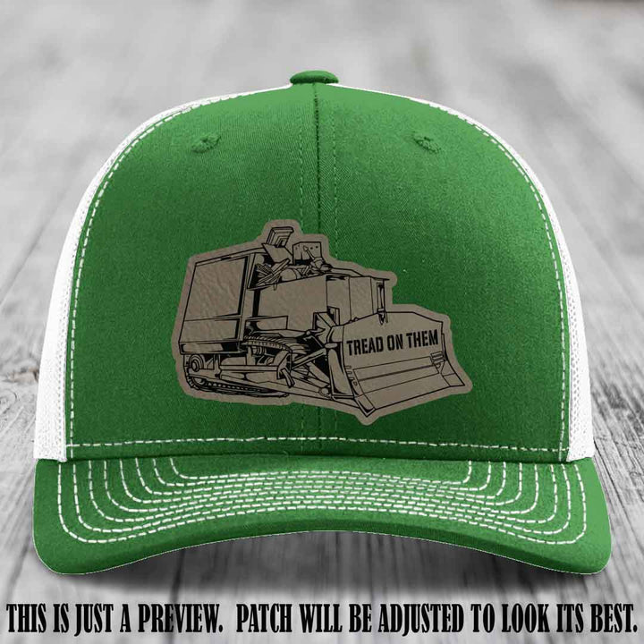 Killdozer Light Brown to Black Patch on Kelly to White Hat - Richardson 112 Custom Leather Patch Hat