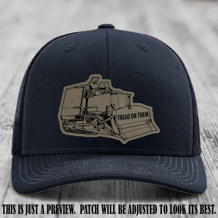 Killdozer Light Brown to Black Patch on Navy Hat - Richardson 112 Custom Leather Patch Hat