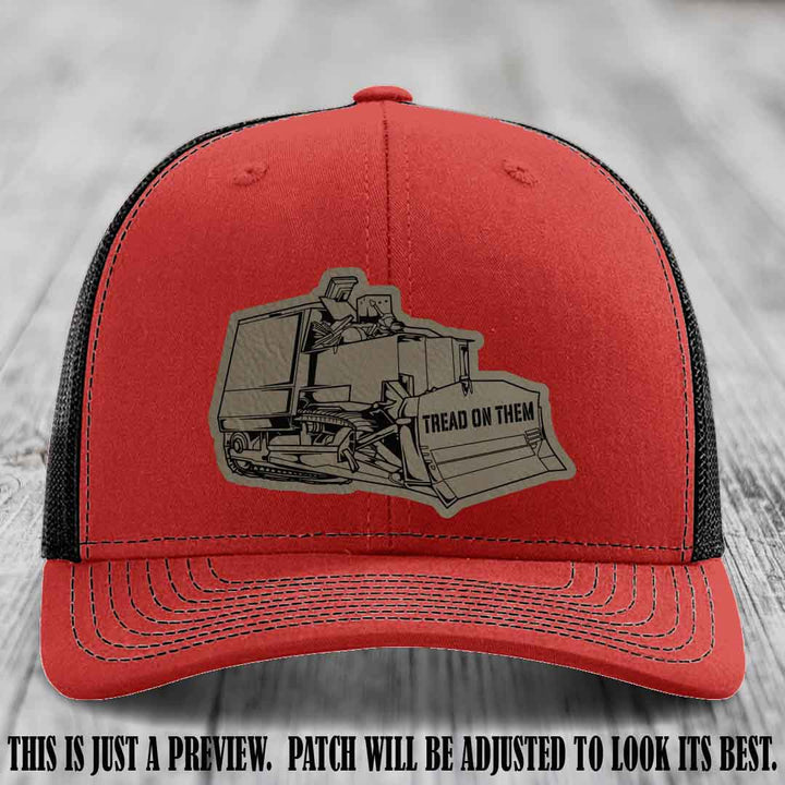 Killdozer Light Brown to Black Patch on Red to Black Hat - Richardson 112 Custom Leather Patch Hat