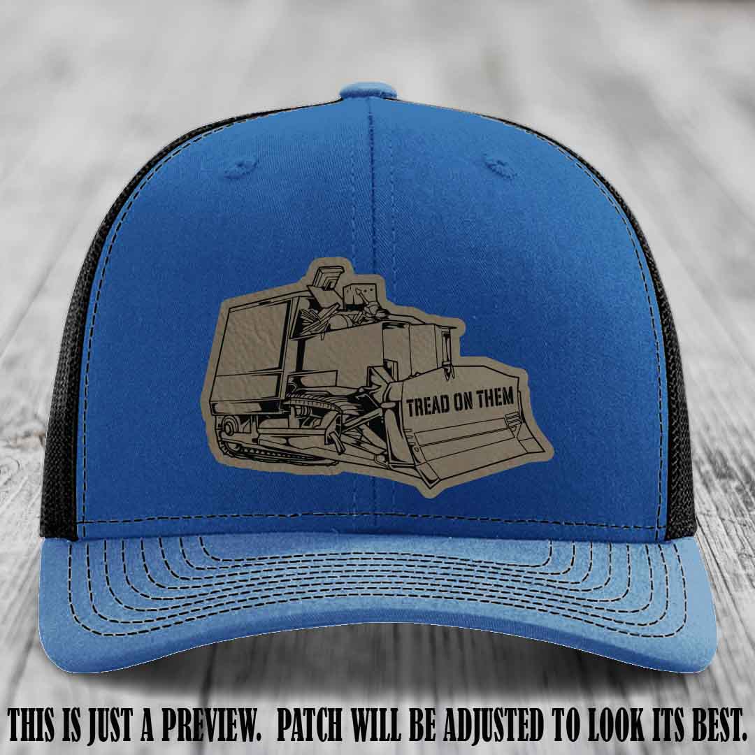 Killdozer Light Brown to Black Patch on Royal to Black Hat - Richardson 112 Custom Leather Patch Hat