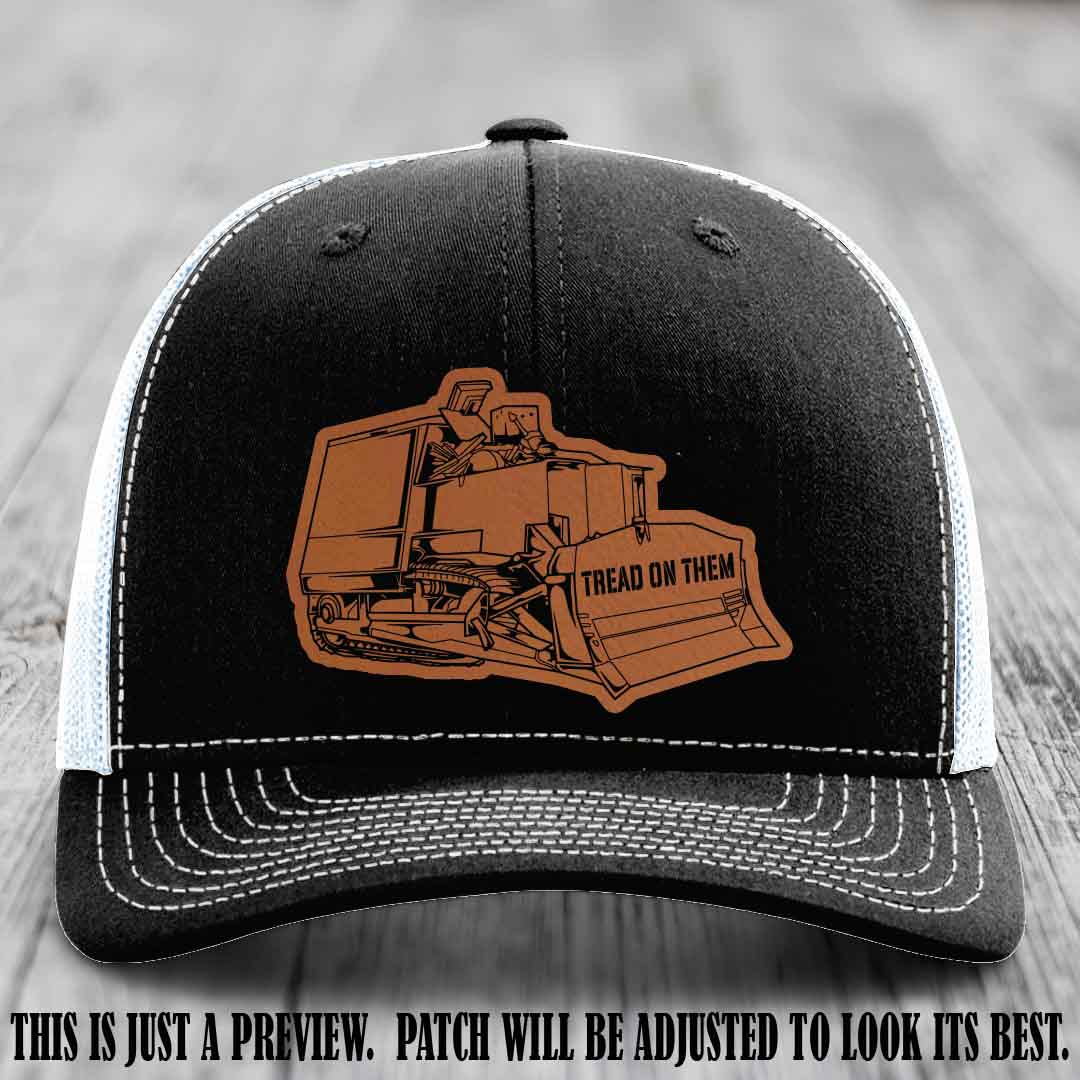 Killdozer Rawhide to Black Patch on Black to White Hat - Richardson 112 Custom Leather Patch Hat