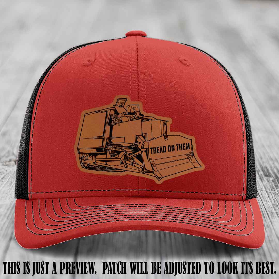 Killdozer Rawhide to Black Patch on Red to Black Hat - Richardson 112 Custom Leather Patch Hat