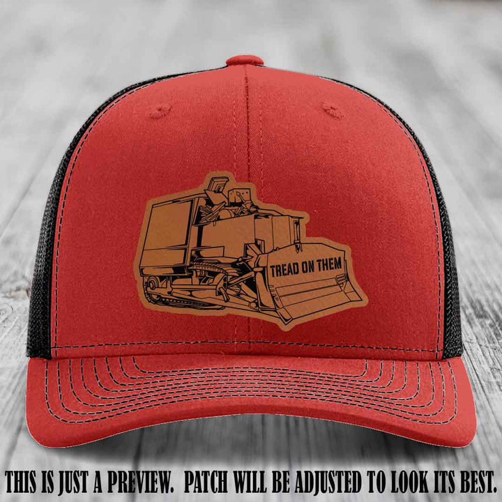 Killdozer Rawhide to Black Patch on Red to Black Hat - Richardson 112 Custom Leather Patch Hat