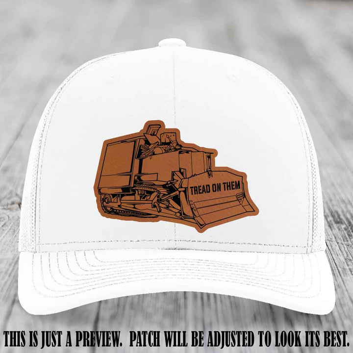 Killdozer Rawhide to Black Patch on White Hat - Richardson 112 Custom Leather Patch Hat