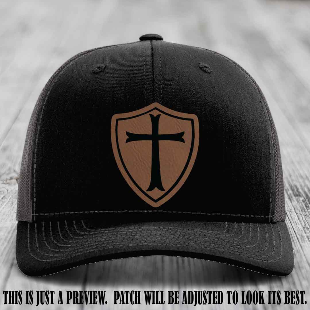 Holy Shield design on a Dark Brown to Black Patch Richardson 112 hat (Black to Charcoal Hat)
