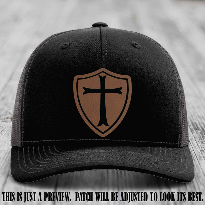 Holy Shield design on a Dark Brown to Black Patch Richardson 112 hat (Black to Charcoal Hat)