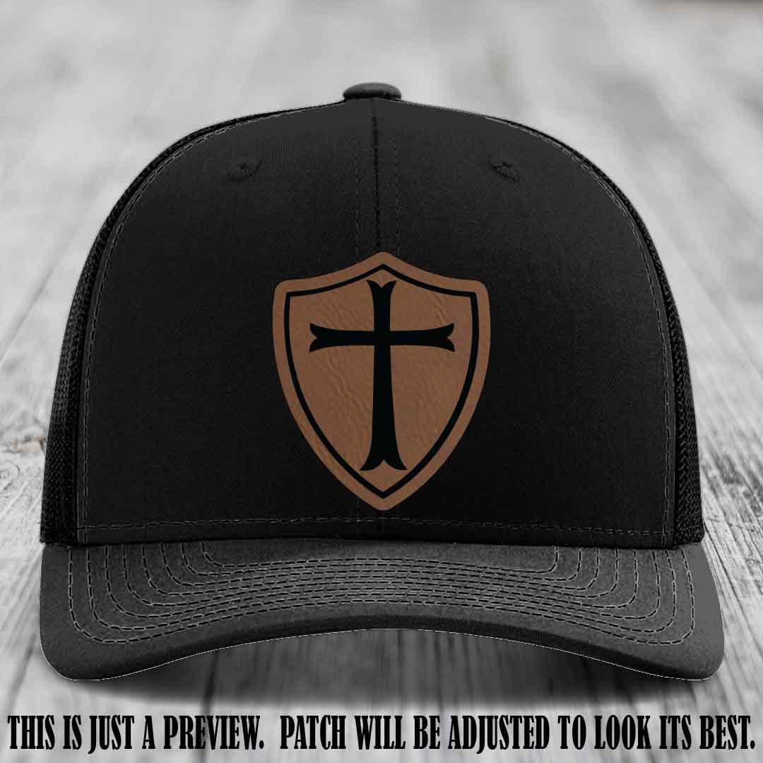 Holy Shield design on a Dark Brown to Black Patch Richardson 112 hat (Black Hat)