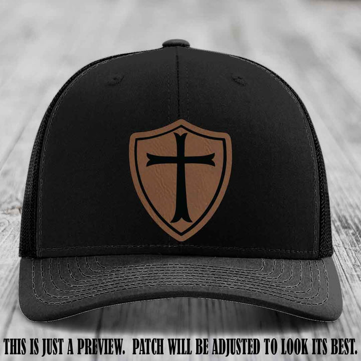 Holy Shield design on a Dark Brown to Black Patch Richardson 112 hat (Black Hat)