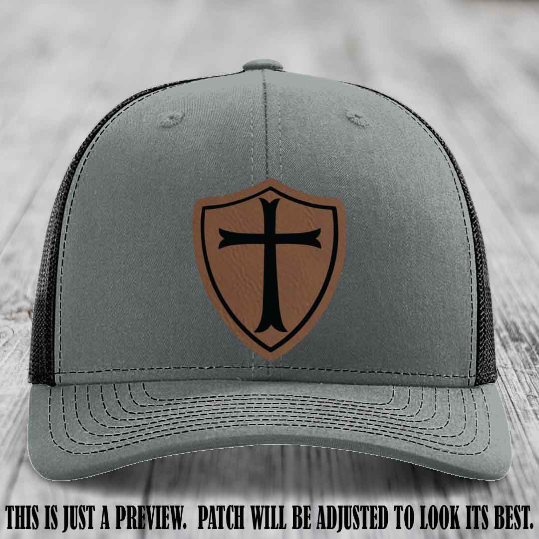 Holy Shield design on a Dark Brown to Black Patch Richardson 112 hat (Heather Grey to Black Hat)