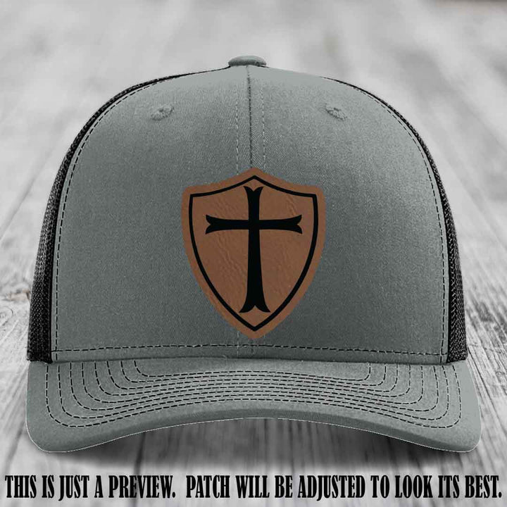 Holy Shield design on a Dark Brown to Black Patch Richardson 112 hat (Heather Grey to Black Hat)