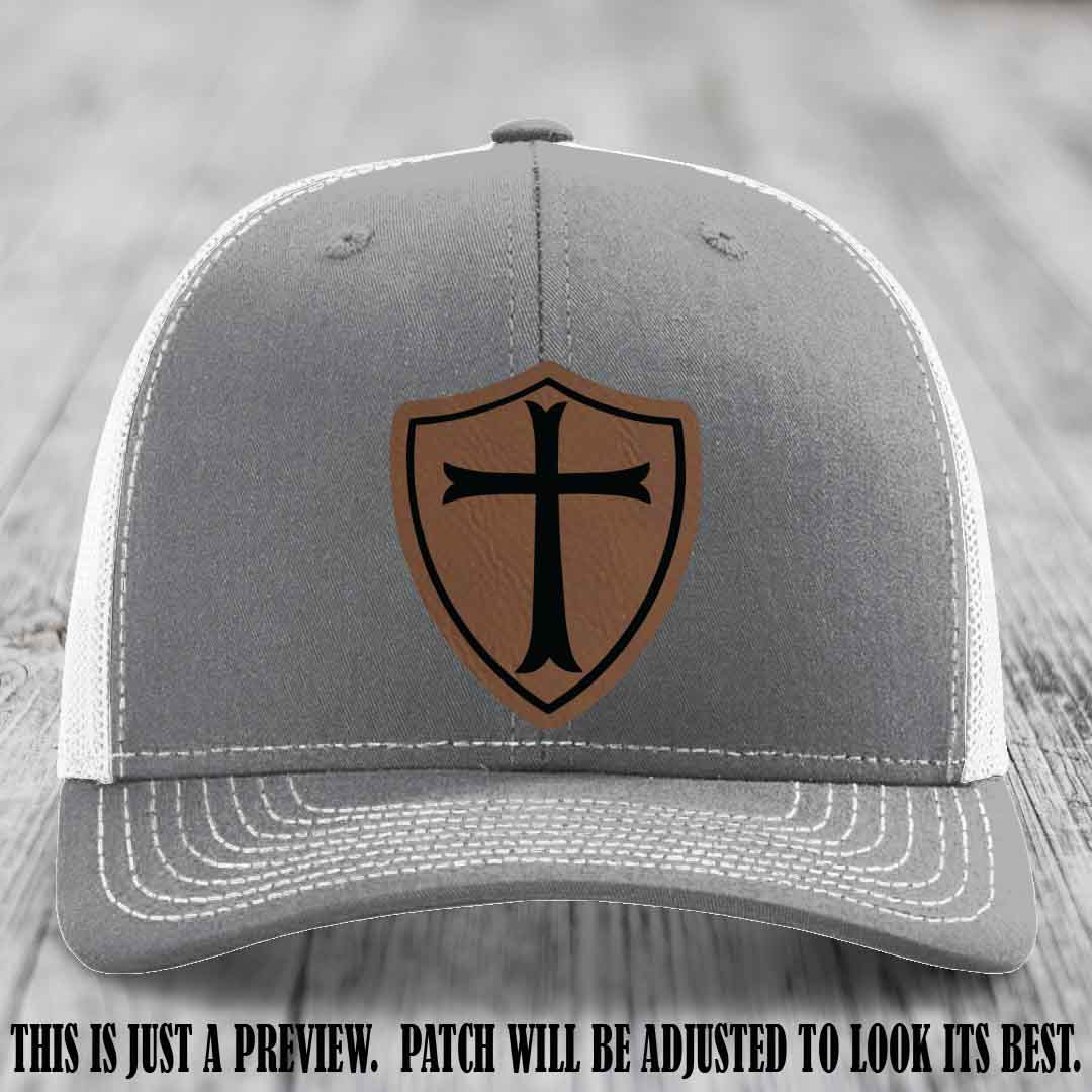 Holy Shield design on a Dark Brown to Black Patch Richardson 112 hat (Heather Grey to White Hat)