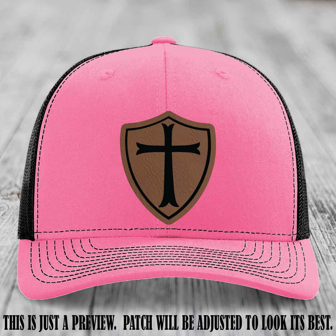 Holy Shield design on a Dark Brown to Black Patch Richardson 112 hat (Hot Pink to Black Hat)