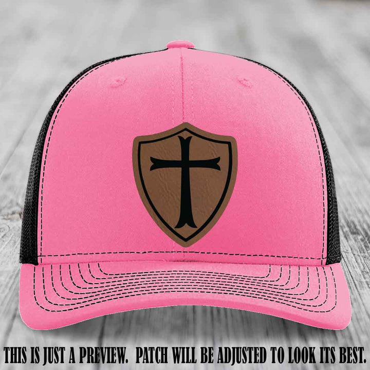 Holy Shield design on a Dark Brown to Black Patch Richardson 112 hat (Hot Pink to Black Hat)