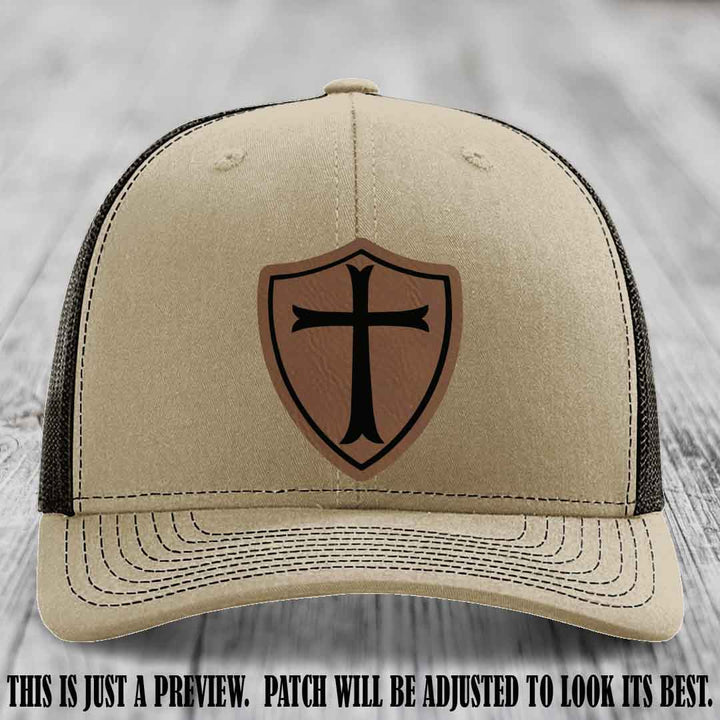 Holy Shield design on a Dark Brown to Black Patch Richardson 112 hat (Khaki to Coffee Hat)