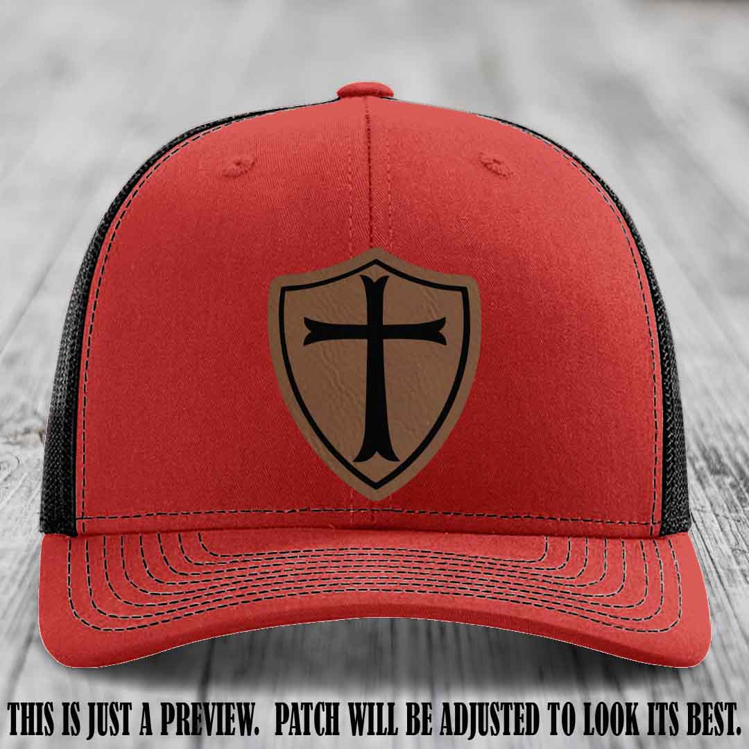 Holy Shield design on a Dark Brown to Black Patch Richardson 112 hat (Red to Black Hat)