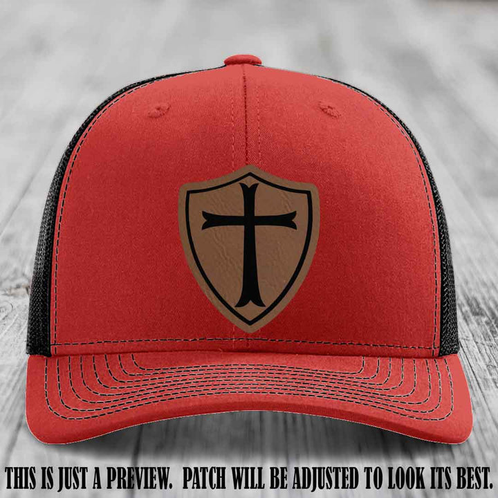Holy Shield design on a Dark Brown to Black Patch Richardson 112 hat (Red to Black Hat)