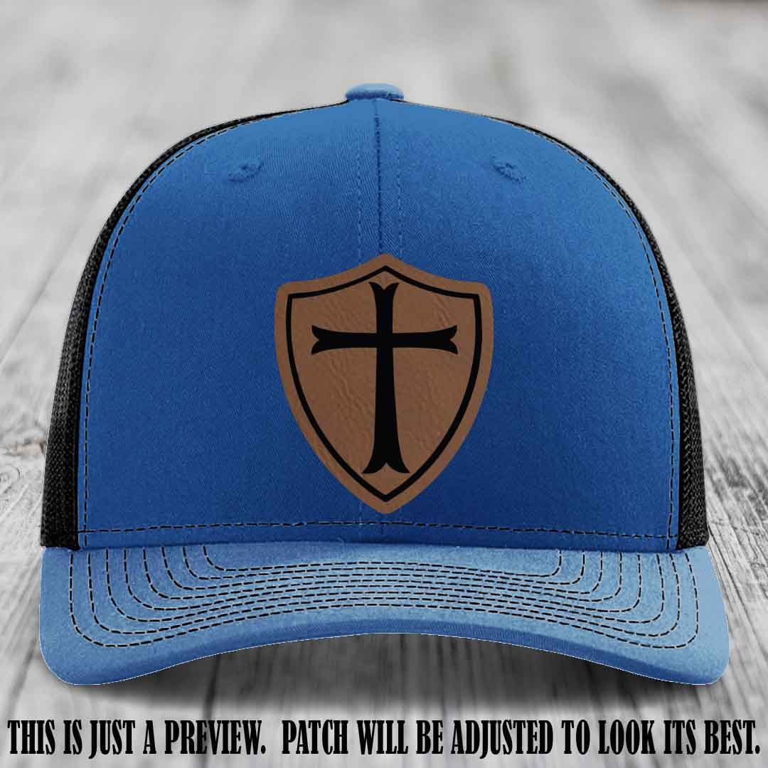 Holy Shield design on a Dark Brown to Black Patch Richardson 112 hat (Royal to Black Hat)