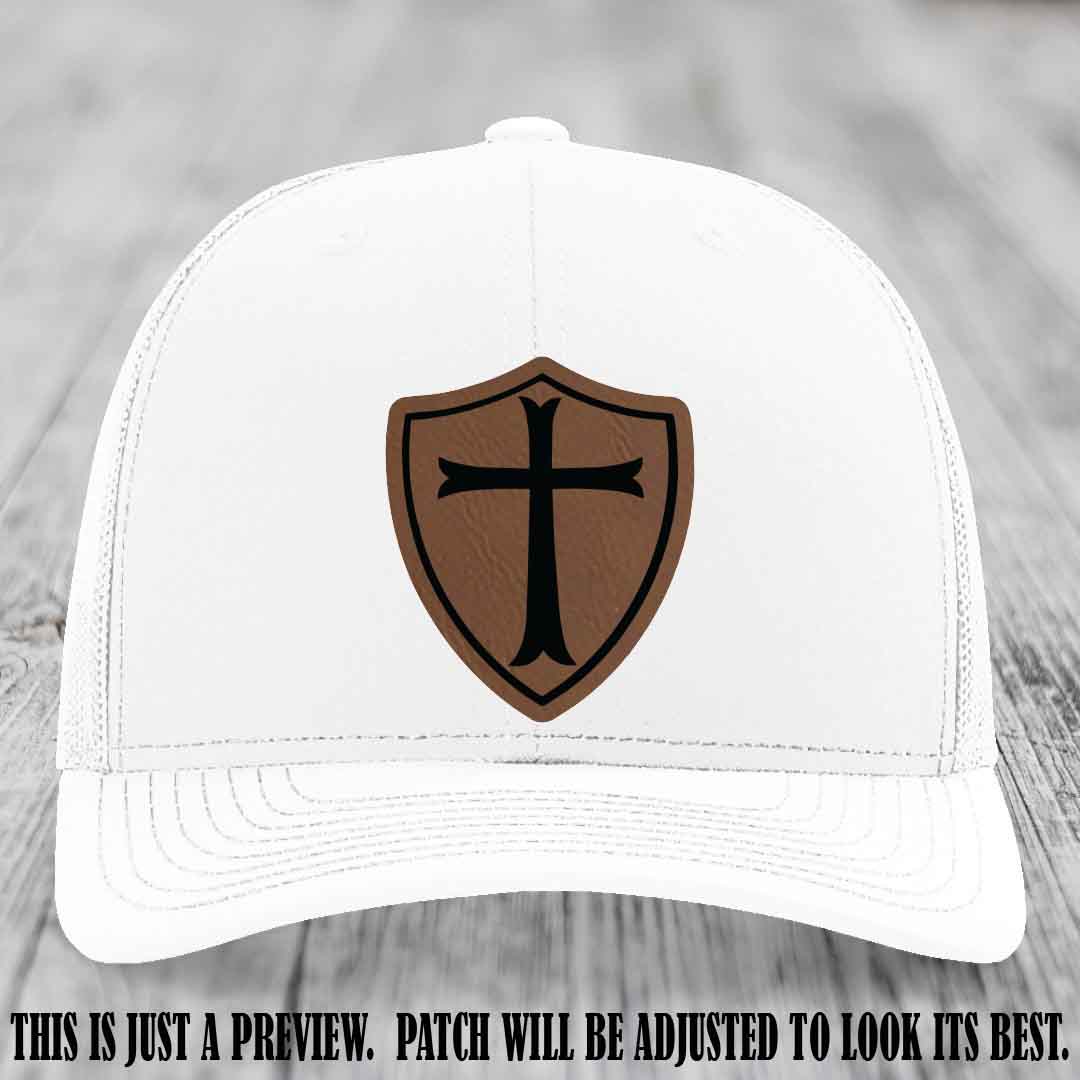 Holy Shield design on a Dark Brown to Black Patch Richardson 112 hat (White Hat)