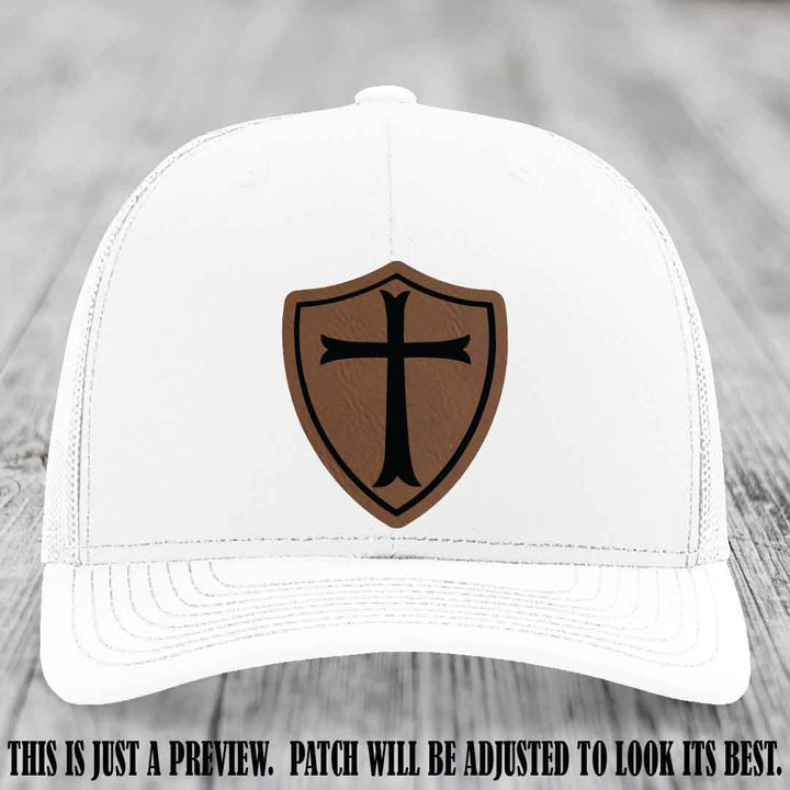 Holy Shield design on a Dark Brown to Black Patch Richardson 112 hat (White Hat)